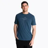 Remera azul de manga corta con cuello redondo y estampado frontal con el logo de la marca y un diseño de montañas.