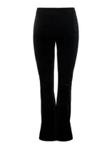 Pantalón negro de poliéster con corte ajustado y pierna acampanada.