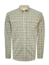 Camisa de hombre RKF modelo Atacama, de manga larga, corte regular y diseño a cuadros en tonos beige y azul. Cuenta con dos bolsillos frontales con botón, tapeta, canesú con ventilación y ojales en las axilas. Confeccionada en tejido ultraligero con tecnología 'Natural Flex' y protección UV 20+.