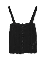 Top negro de punto con breteles anchos, escote cuadrado y cierre frontal con botones.