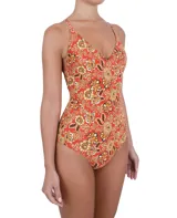 Traje de baño entero color rojo con estampado floral en tonos naranja, amarillo y marrón. Diseño con escote halter y espalda descubierta.