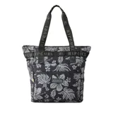Bolso de mano Rip Curl Weekend Travel 26L Tote, color negro con estampado de flores grises. Tiene doble asa de mano con logo de la marca y cierre superior.