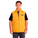 Chaleco acolchado azul marino con cierre frontal, cuello alto y logo de Caterpillar bordado en amarillo en el pecho.