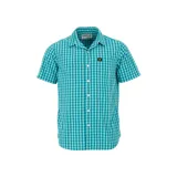 Camisa de hombre a cuadros azules, negros y blancos, de manga corta y corte clásico.
