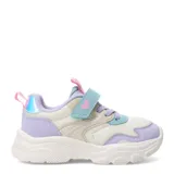 Zapatillas deportivas blancas con detalles en lila, ajuste con cordones elásticos y tira de velcro con un corazón.