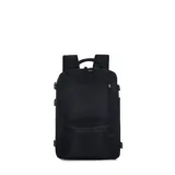 Mochila negra de estilo rectangular, con correas acolchadas y asa superior. Presenta un bolsillo frontal con cierre vertical y un bolsillo grande inferior con solapa.