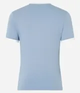 Remera baby look celeste con cuello y mangas con ribete blanco, y estampa frontal con el número 83 en blanco.