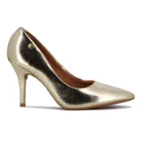 Zapato de tacón alto Vizzano, color dorado metalizado, con punta fina y detalle de logo en el lateral.