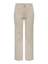 Jeans de pierna ancha color beige, de talle alto, con cinco bolsillos, cinco trabillas y cierre frontal.