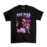 Remera negra de algodón con estampado de Lionel Messi con estética Vice City.