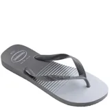 Ojotas Havaianas Top Basic negras con rayas horizontales azules y logo de la marca en la plantilla.