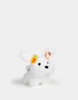 Llavero de peluche blanco con forma de conejo, con accesorios en las orejas y mosquetón metálico para colgar.