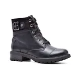 Bota de caña media color marrón, con cordones y hebilla decorativa.