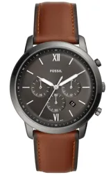 Reloj Fossil para hombre con correa de cuero marrón, caja de acero color plomo y esfera gris con números romanos.