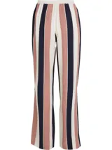 Pantalón de viscosa con estampado de rayas verticales en azul marino, rojo y blanco. Tiene cintura elástica y corte amplio.