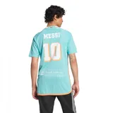 Camiseta de fútbol Adidas del Inter Miami Cf, modelo Third Jersey temporada 24, para hombre. Diseño a rayas verticales en tonos celeste y blanco con detalles en naranja en cuello y laterales. Incluye logo de Adidas, escudo del club y sponsor en el frente.