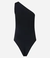 Body básico color durazno, con escote asimétrico y un solo hombro. Confeccionado en microfibra de poliamida y elastano.