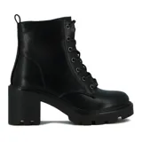 Bota de dama negra de caña baja con taco cuadrado y cordones.