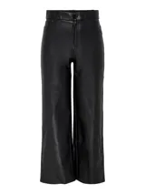 Pantalón negro de cuero ecológico con cintura alta y corte acampanado.