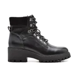 Botas de cuero sintético color blanco con caña media, acordonadas con herrajes metálicos dorados, cuello de punto acanalado y suela track con plataforma.