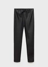 Calza legging negra de poliuretano con efecto cuero, tiro alto y cintura elastizada.