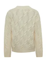 Sweater color crudo de lana de oveja y alpaca, con cuello redondo y diseño de trenzas.