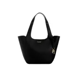 Cartera de hombro negra con textura granulada, doble asa corta, cierre superior y charm colgante con logo de la marca.