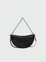 Cartera bandolera Longchamp modelo Smile, color negro, de cuero, con correa de cadena plateada y correa de tela negra con logo de la marca.
