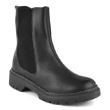 Bota de cuero color gris topo, con elásticos laterales y suela track negra.