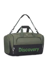 Bolso de viaje color verde militar con base negra y logo "Discovery" estampado en verde. Cuenta con doble asa de mano, correa de hombro ajustable y extraíble, cierre superior y bolsillos laterales con cierre.