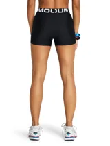 Calza corta de mujer Under Armour, modelo HeatGear Shorty, color azul con logo en la pierna izquierda y cintura elástica con la inscripción Under Armour.