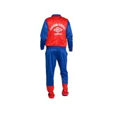 Conjunto deportivo azul con detalles en rojo y blanco, compuesto por campera con cierre y pantalón largo. La campera tiene cuello alto, cierre frontal, bolsillos laterales, puños y cintura elastizados, y el logo de Umbro y el escudo del Club Nacional de Football bordados en el pecho. El pantalón tiene cintura elástica con cordón ajustable, bolsillos laterales y el logo de Umbro bordado en la pierna.