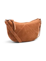Bolso bandolera de gamuza color marrón, con correa ajustable para el hombro, cierre con cremallera y bolsillo interior con cierre.