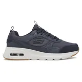 Championes Skechers Skech-Air Court Homegrown, color azul marino con detalles en blanco y suela marrón. Capellada de malla y superposiciones de cuero sintético. Plantilla Skechers Air-Cooled Memory Foam y media suela Skech-Air visible.