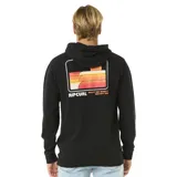 Canguro negro con capucha y bolsillo delantero, con logo de Rip Curl estampado en el pecho con diseño de sol en tonos naranja y amarillo.