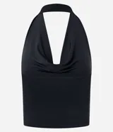 Blusa frente única color negro, con bretel ancho y escote drapeado.
