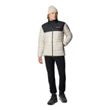 Campera puffer Columbia Powder Lite II, color beige con canesú negro, cierre frontal completo, bolsillos laterales con cierre y logo de la marca bordado en el pecho.