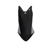 Malla enteriza de natación Adidas, color negro con logo blanco en el pecho y tres franjas blancas en los laterales.