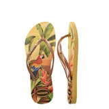 Sandalias Havaianas Slim Tropical amarillas con estampado de flores y tiras finas color bronce.