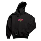 Canguro lila con capucha, bolsillo frontal y puños y cintura acanalados. Estampado frontal con el logo de la marca "Emexem" en rosa y amarillo.