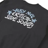 Buzo negro de cuello redondo con estampado frontal que dice "Critical Slide Society" en blanco y azul, con detalles de flores.