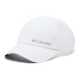 Gorro deportivo blanco de poliéster y elastano, con logo de Columbia bordado en gris en el frente. Cuenta con tecnología Omni-Wick para absorber la humedad y Omni-Shield para repeler la lluvia y las manchas.
