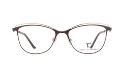 Armazón para lentes de receta marca T.Calandra, modelo P40M, color chocolate con detalles dorados en la parte superior del frente. Diseño de ojo de gato con patillas delgadas.