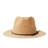 Sombrero de paja color beige con cinta trenzada marrón y logo metálico.