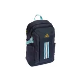 Mochila deportiva Adidas, color azul marino oscuro, con tres franjas verticales en celeste claro, blanco y celeste, y logo de Adidas en dorado. Presenta correas ajustables y detalles en celeste claro.