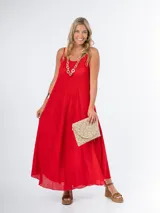 Vestido largo color verde agua, de bambula italiana, con breteles finos y corte suelto.