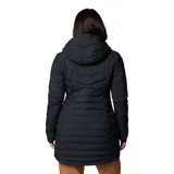 Campera Columbia Joy Peak II Mid para mujer, color negro, con capucha y largo hasta la mitad del muslo. Cuenta con forro termorreflectivo Omni-Heat™ Infinity, tecnología Omni-Shield™ que repele la humedad y aislamiento Thermarator™ de poliéster reciclado.