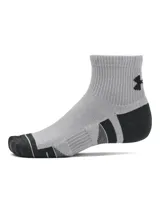 Pack de tres pares de medias deportivas unisex Under Armour Performance Tech, corte tobillero, en color blanco, gris y negro.