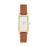 Reloj Skagen Hagen Lille con caja rectangular dorada de acero inoxidable y correa de cuero marrón.