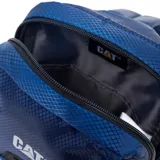 Riñonera unisex color azul marino con logo reflectante, bolsillo frontal con solapa, compartimento principal con cremallera y bolsillo portaobjetos.